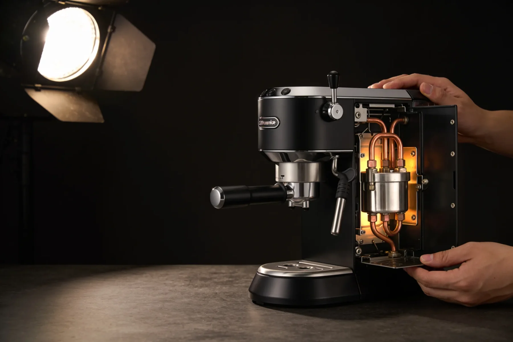 Geopende koffiemachine tijdens reparatie op een werkbank