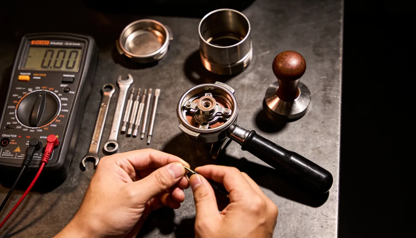 Technicus werkt aan de zetgroep van een espressomachine